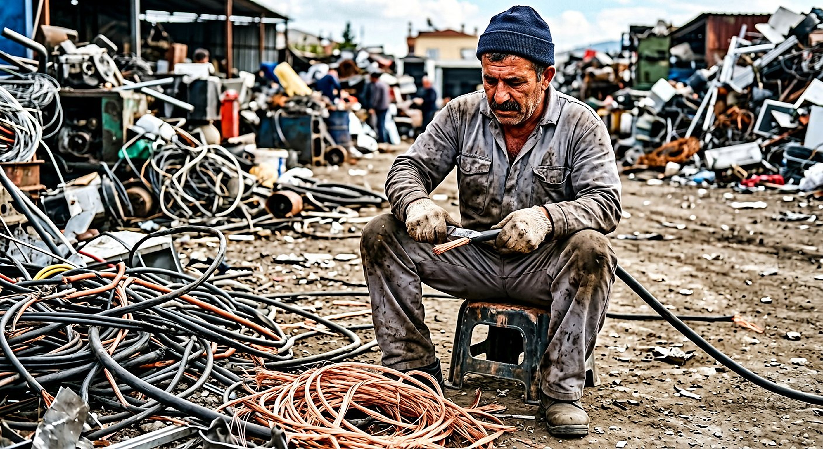 Bakır kablo ayıran hurda çalışanı